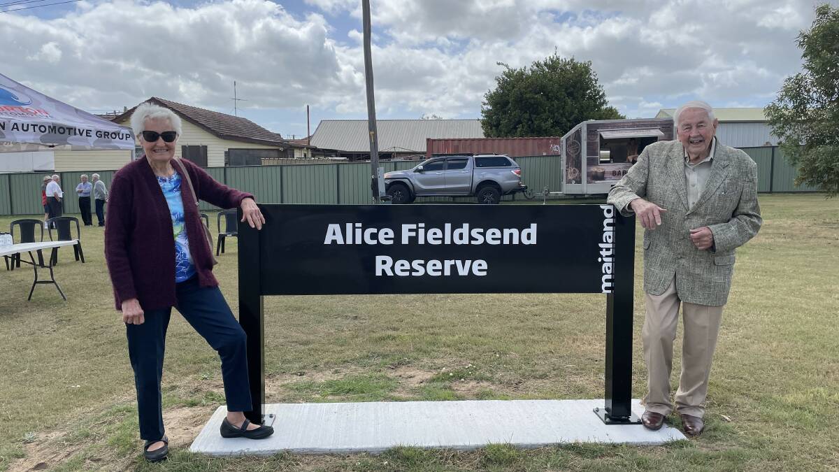Alice Fieldsend's granddaughter Elizabeth Schubert (nee. Fieldsend) and Norm Burton OAM at the newly named Alice Fieldsend Reserve, East Maitland. Picture by Chloe Coleman.