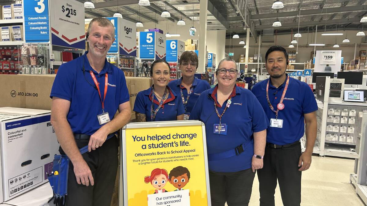 Officeworks Rutherford team members Scott Parsons, Tayla Wilcox, Bronwyn Teer, Dianne Beasley and Ramesh Sherchan. Picture supplied