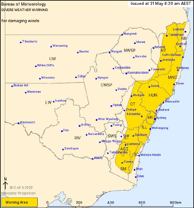 The warning area is concentrated to the east of the Great Dividing Range. Picture: Bureau of Meteorology.