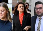 Brittany Higgins, left, journalist Lisa Wilkinson and Bruce Lehrmann outside the Federal Court in Sydney. Pictures AAP