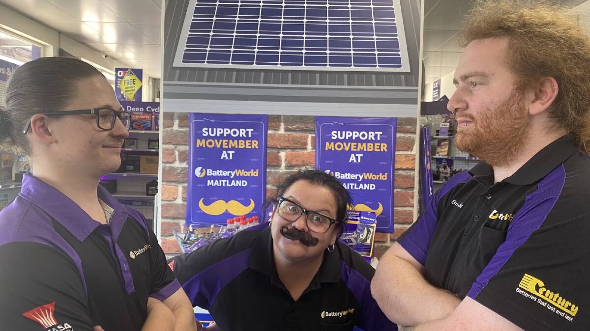 Maitland Battery World raised $1200 for Movember. From left, Dorrien Tuckett, Katie Hallinan and Brody Dunn. Picture supplied 