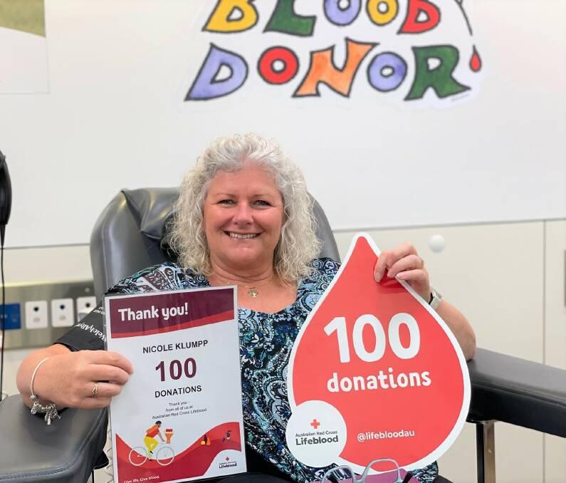 Nicole Klumpp has given 100 plasma donations at the Lifeblood Maitland Donor Centre. Picture by Laura Rumbel.
