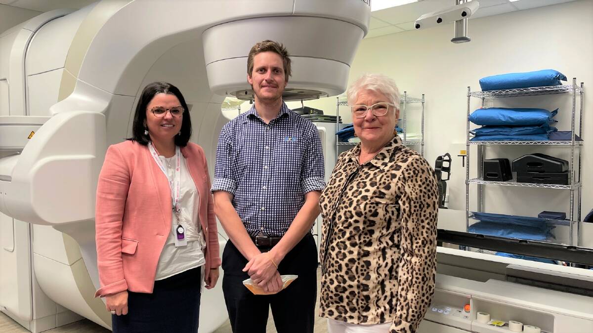 Icon Cancer Centre radiation oncologist Dr Kate Martin, senior radiation therapist Jarrod Turner and patient Merridy Childs. Picture by Laura Rumbel
