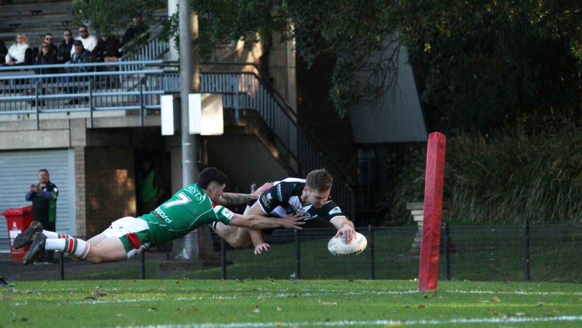 Maitland winger Will Nieuwenhuise dives to score the opening try against Wests at Harker Oval on Sunday, May 21. Picture by Ben Carr 