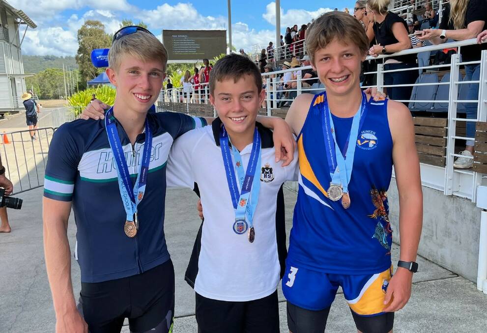 Left to right: Camryn Moores, Charlie Potts and Lucas Doherty at the 2023 NSW All Schools Triathlon Championships held in Penrith. Picture supplied