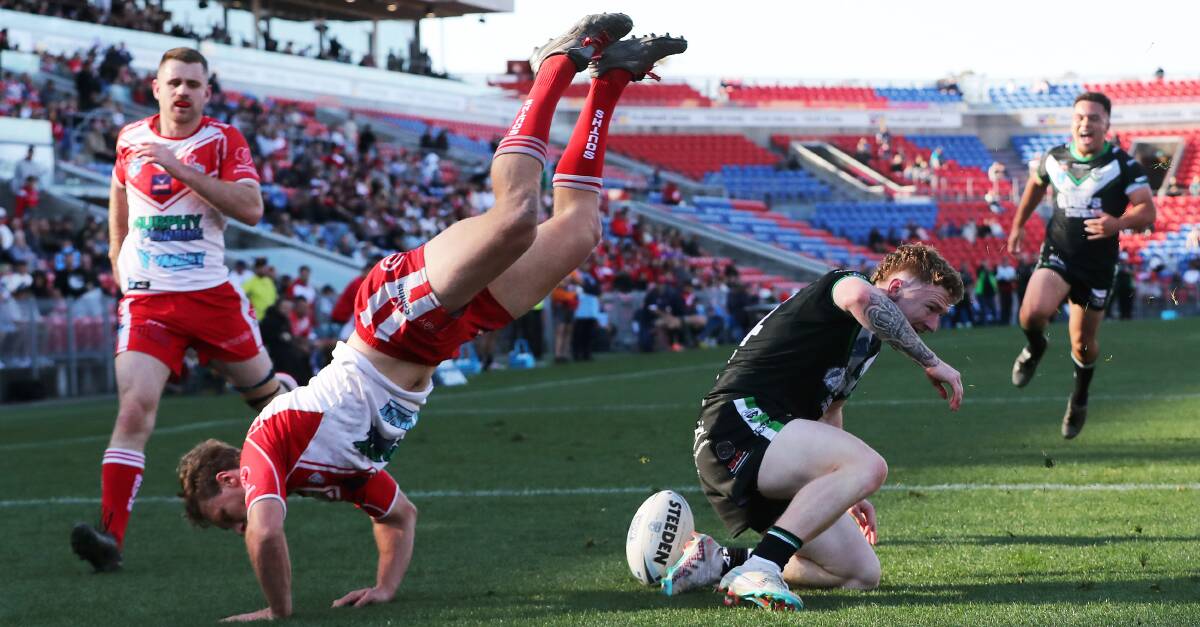 Maitland's Luke Knight scores a try against South Newcastle in the Newcastle RL grand final at McDonald Jones Stadium on Saturday, September 2. Picture by Peter Lorimer