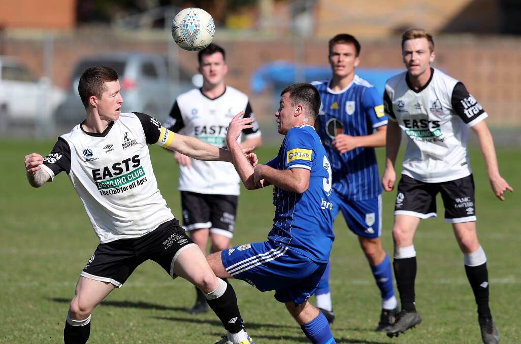 Maitland co-skipper Braedyn Crowley contests the ball against Newcastle Olympic in 2022. Crowley scored two goals against Edgeworth on Sunday, April 23 to earn his side a draw. Picture: Peter Lorimer