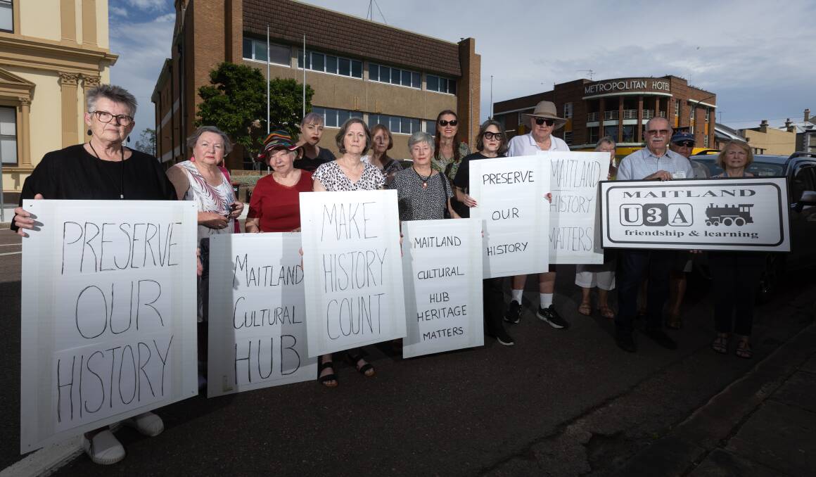 Cultural Hub supporters gather outside Maitland City Council's former administration building on High Street. Picture by Marina Neil