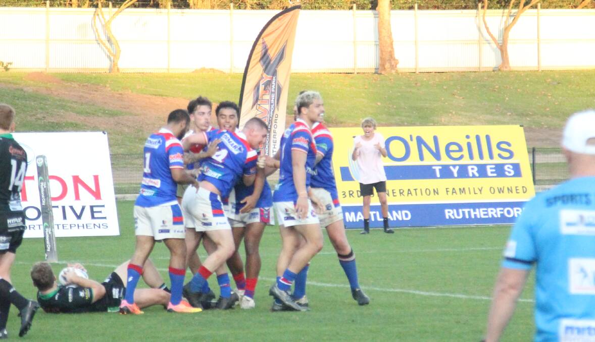 Kurri Kurri celebrate a try against Maitland during the 2023 season. Picture by Ben Carr