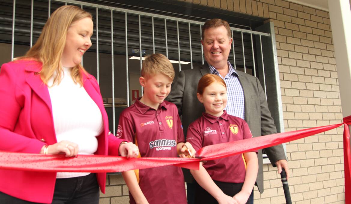 Maitland MP Jenny Aitchison, City United junior cricketers Xavier and Ava Bower and Maitland mayor Philip Penfold at the opening of the upgraded Robins Oval on Tuesday, July 4. Picture by Ben Carr