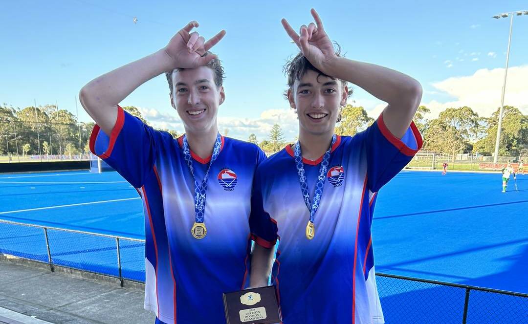 Lachlan Lidbury (left) and Dane Simpson celebrate their win at the Hockey NSW under-18 championships in Wollongong which ran from Friday, May 5 to Sunday, May 7. Picture supplied. 