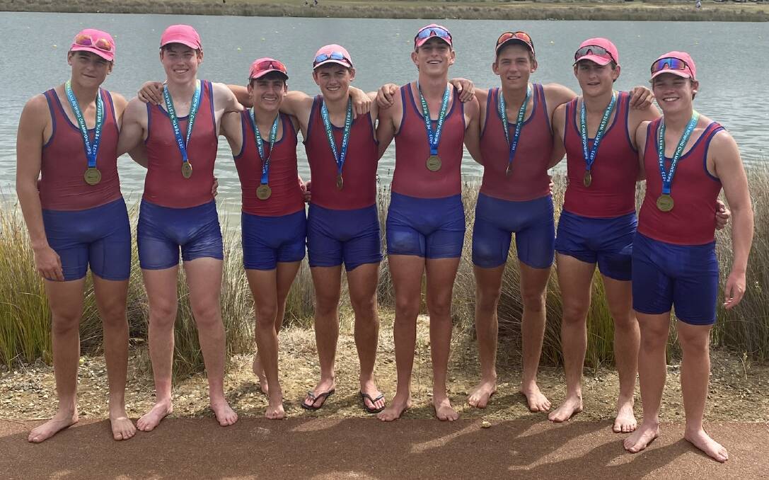 Mackinley Dooley (fourth from right) with his St Josephs College teammates on Saturday, April 1 after taking out the Under-17 Schoolboys Coxed Eight at the Australian Rowing Championships. Picture supplied. 