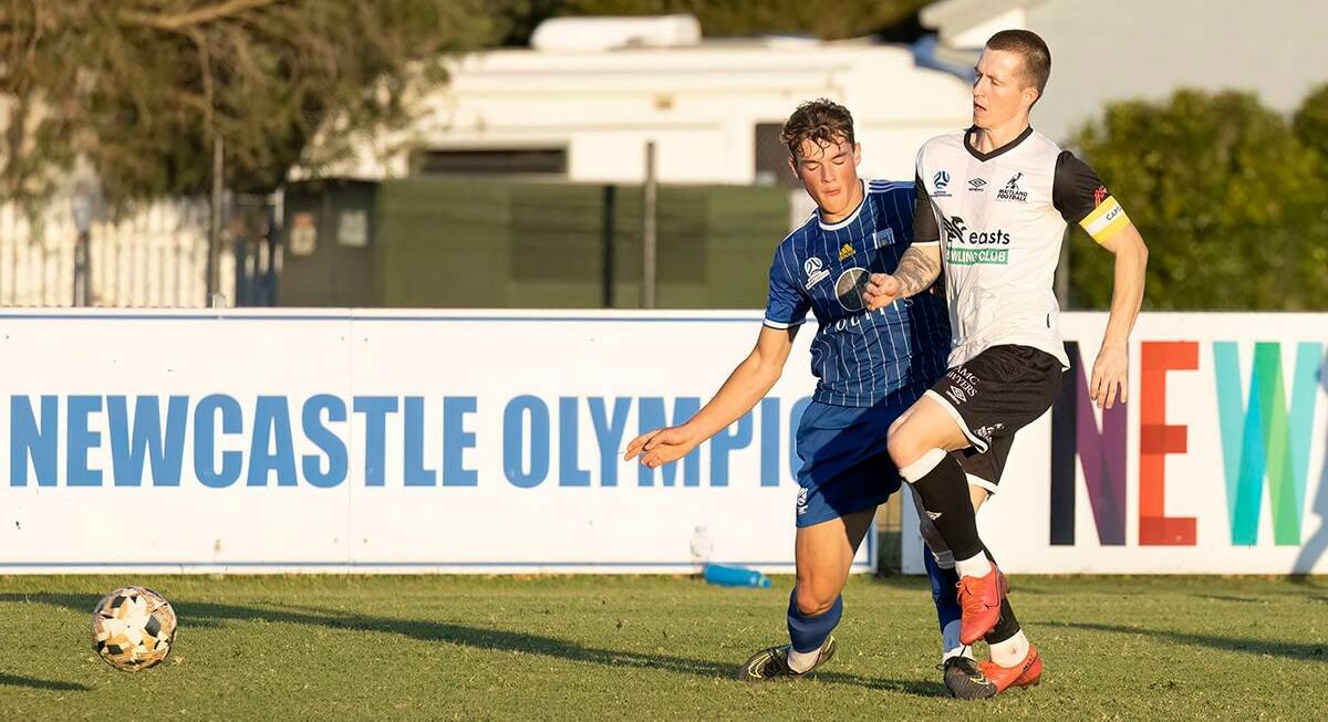 Maitland striker Braedyn Crowley, right, in action against Newcastle Olympic on Sunday, May 7 at Darling Street Oval. Picture by Graham Sport and Nature Photography