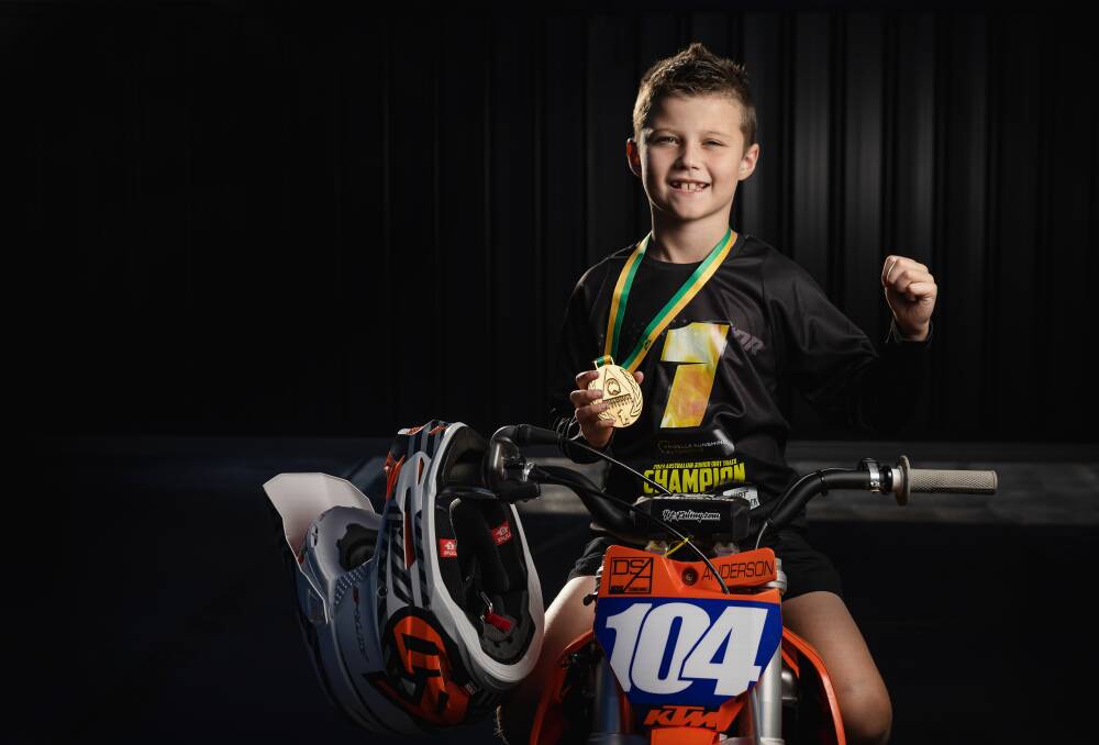 Braxsen Anderson with the gold medal he won at the Australian Junior Dirt Track Championships held at Hatchers Raceway in April. Picture by Marina Neil