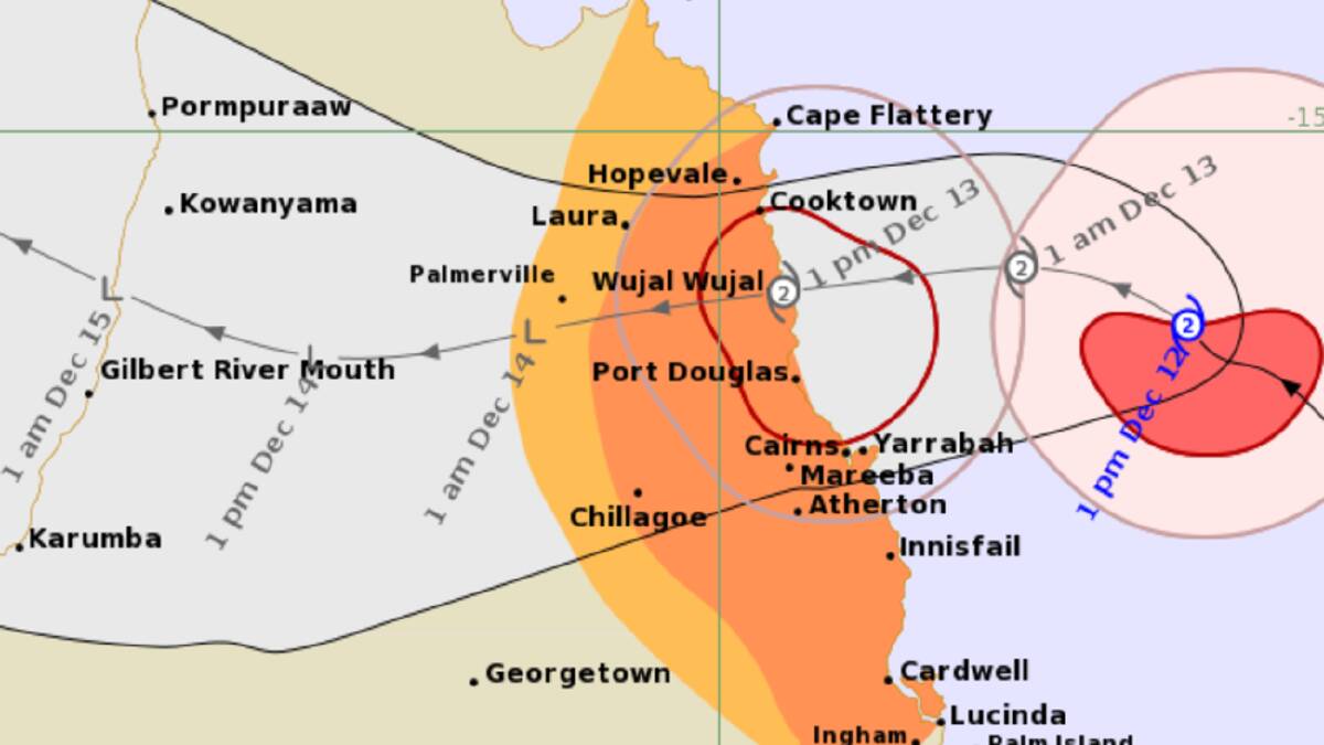 Tropical Cyclone Jasper's forecast track map as of 2pm AEST on December 12, shows landfall between Cooktown and Innisfail. Picture by Bureau of Meteorology