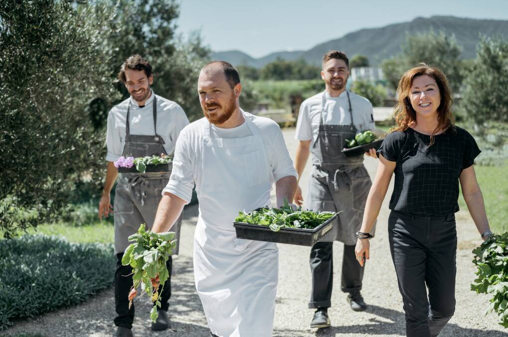 Ready: Lisa Margan and head chef Joey Ingram and his team harvest produce from the Margan Kitchen Garden. Picture: Dom Cherry.