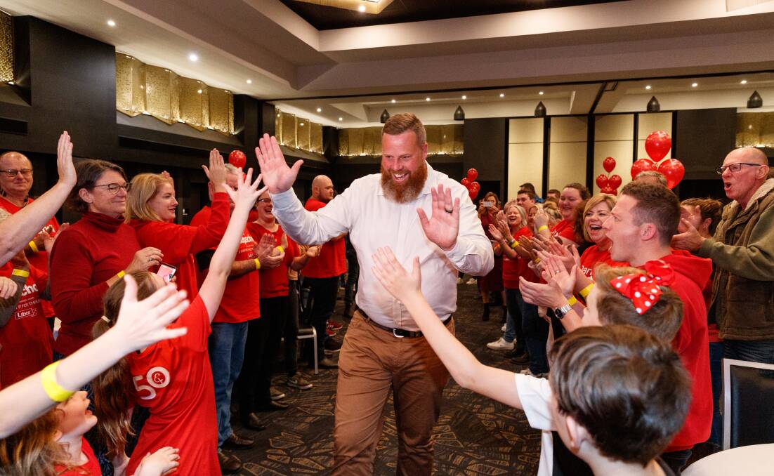 Repacholi on election night, May 2022, celebrating his victory at the Cessnock Leagues Club. Picture by Max Mason-Hubers
