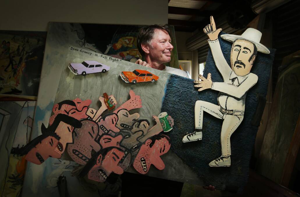 Michael Bell with his work, Dave Graney in Full Flight, which will be on display at Bell's Cessnock exhibition. Picture by Simone De Peak