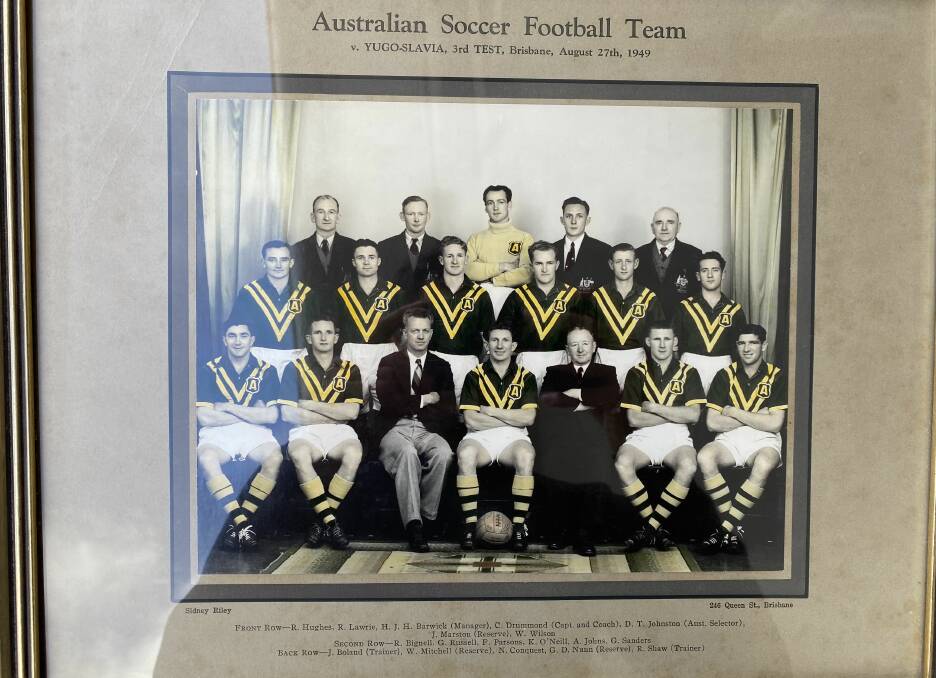 SOCCEROOS 1949: Kevin O'Neill, in second row, fourth from left. Team photo ahead of match with Yugoslavia, in Brisbane, on August 27, 1949. 
