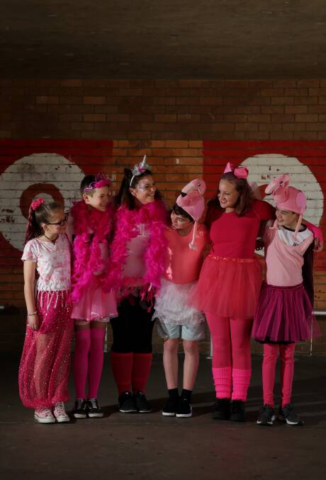 BOLD: Dressed up for Pink Shirt Day, from left Alison Doherty, Hamish Munro with teacher well-being Sarah Gambrill, Banjo Longworth, Jasmyn Staines and Jack Campbell. Picture: Simone De Peak