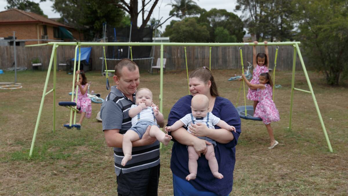 MULTIPLE: Brad and Janet Fenton with twins Vincent and Preston and triplet daughters Maya, Jasmine and Tamara, 8. Picture: Max Mason-Hubers
