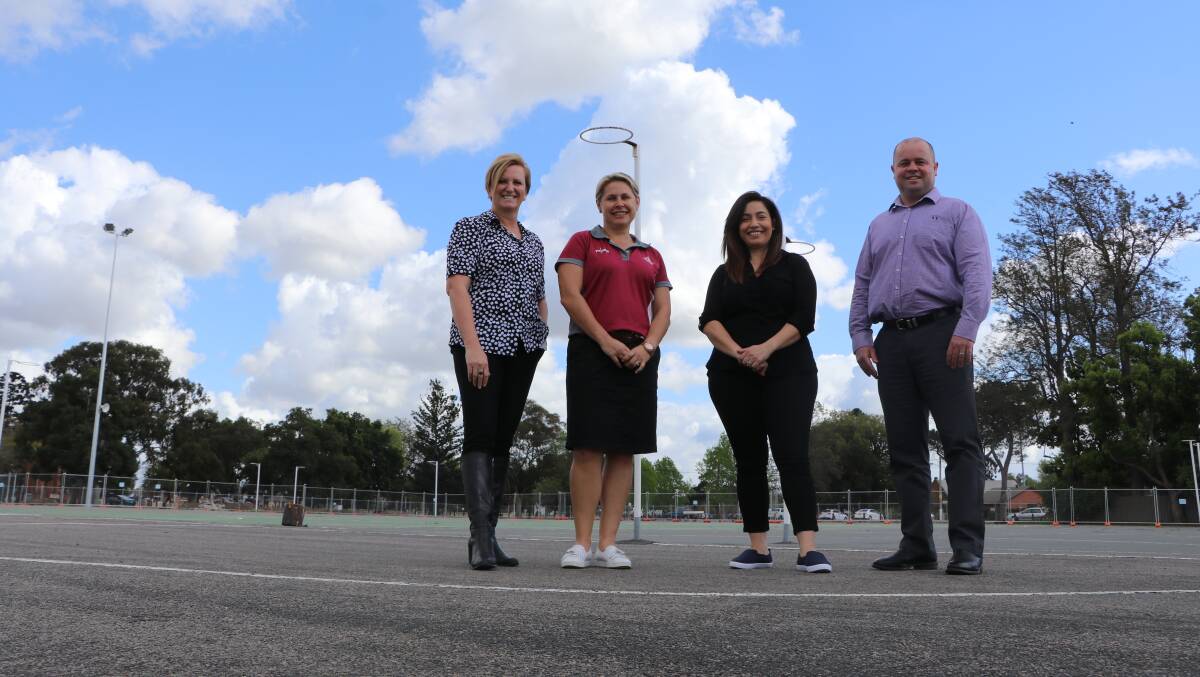 GOAL: Operations Manager Major Venues and Facilities Kelly Baldwin, President Kim Starkey, Manager Community and Recreation Laurie DAngelo and Manager Works Ashley Cavanagh at Maitland Park Netball Courts.