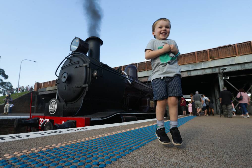 CHOO-CHOO: Tristan Ireland was jumping for joy at this year's Hunter Valley Steamfest, held over the weekend. Picture: Jonathan Carroll