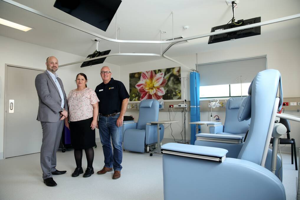 OPEN: Maitland Private Hospital's Oncology director Dr Robin Paterson, Clinical Services director Dr Rosie Lockwood and Cancer Council coordinator Glen Parsons at the new unit. Picture: Marina Neil
