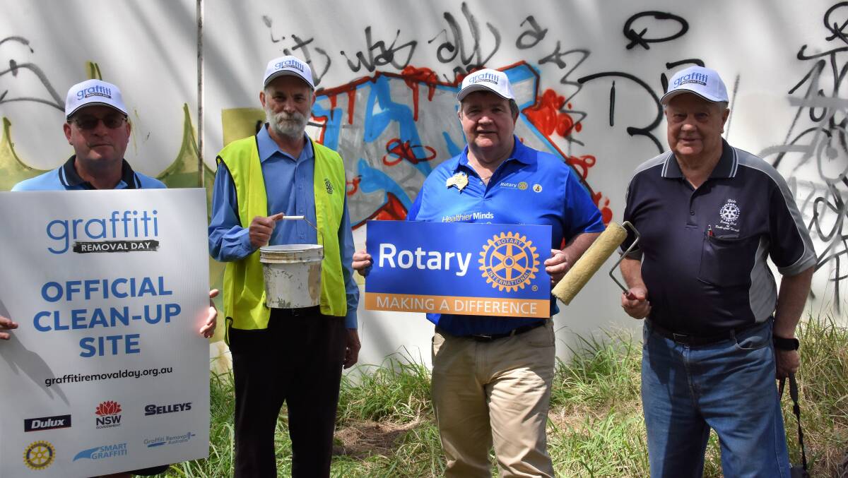 CLEAN UP: Rotary club members Jim Klumpp, Michael Tams with Brian Coffey and Bob Parson who will be on hand for Graffiti Removal Day on Sunday. Picture: Meg Francis