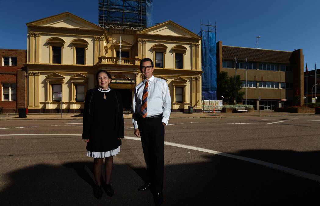 PANDEMIC PLAN: Mayor Loretta Baker and general manager David Evans outside Maitland Town Hall. Picture: Jonathan Carroll