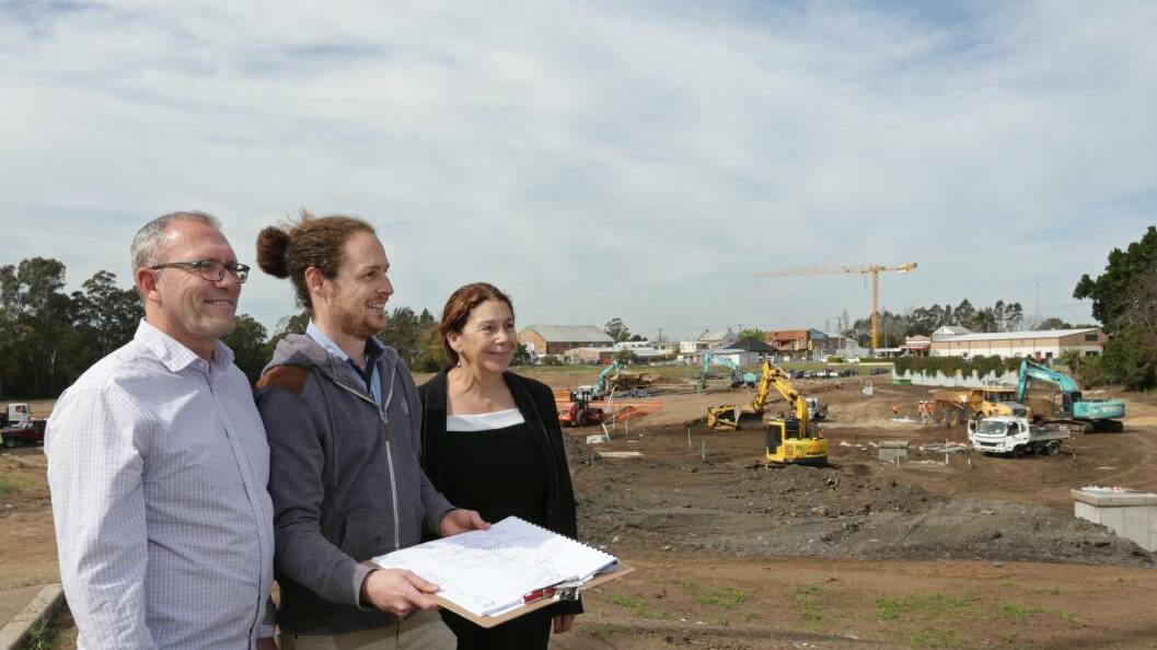 Senior project architect Murray Wood, civil engineer Joshua Denver and mayor Loretta Baker at the site where piling took place in October. Picture: Simone De Peak