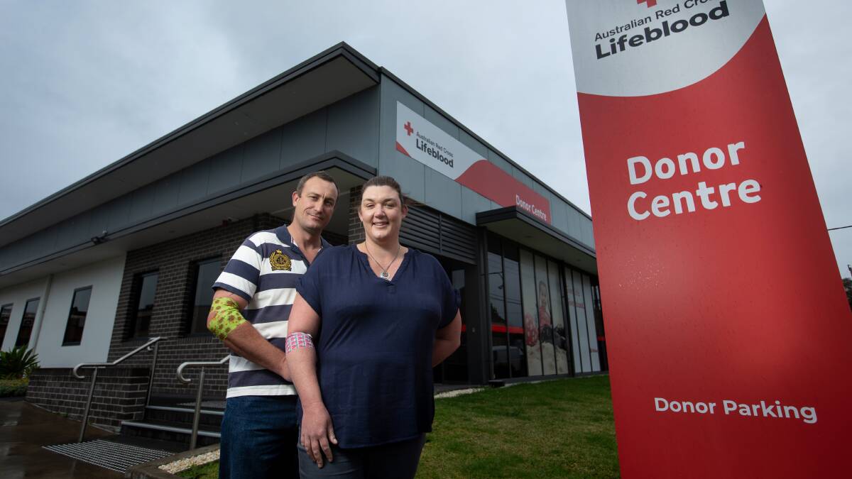 ROLL UP YOUR SLEEVE: Husband and wife Johno and Anna Greatbatch have notched up more than 100 donations between them. Picture: Marina Neil
