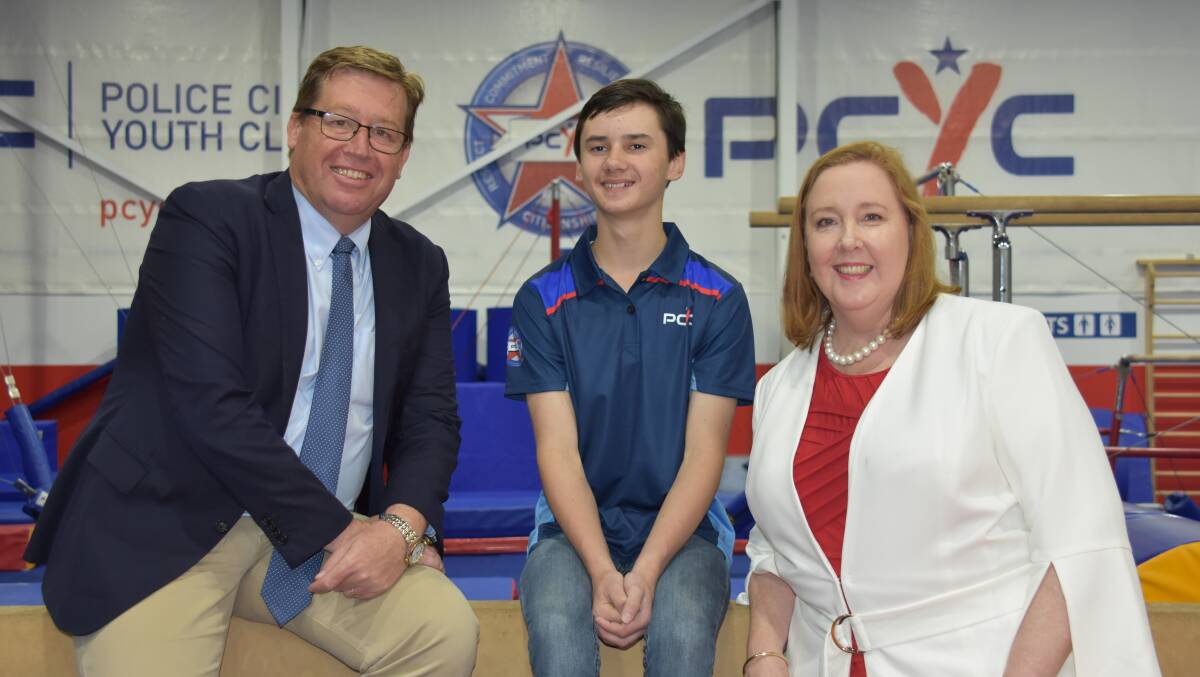 Minister for Police Troy Grant, Zayne Sadien and Maitland MP Jenny Aitchison at the re-opening of Maitland's PCYC. 