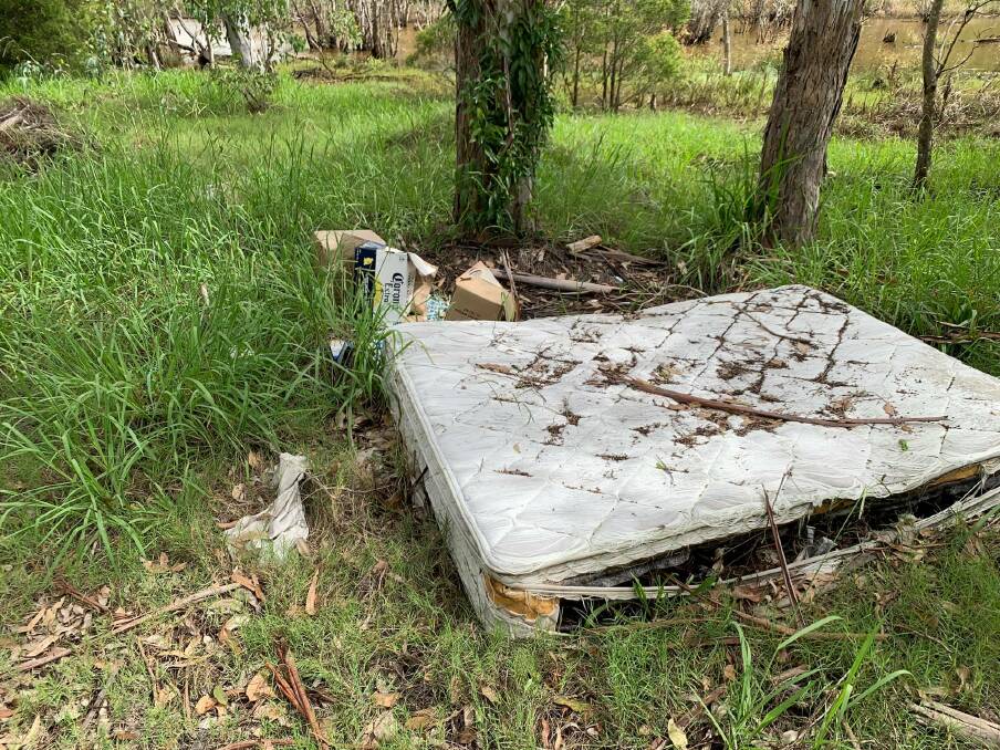 DUMPED: An old mattress at the Maitland Wetlands site. Picture: Mitchell Griffin