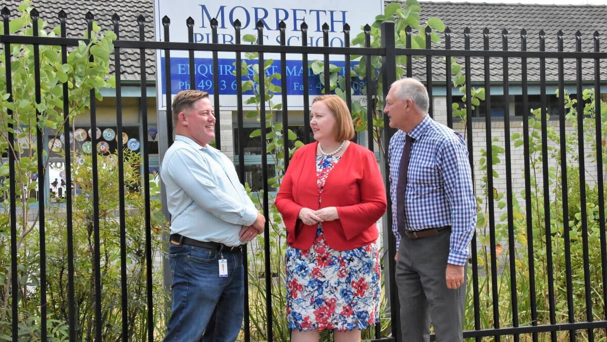 BOOST: Morpeth Public P&C president Ben Emmett, Member for MAitland Jenny Aitchison and Shadow Minister for Education David Harris at the announcement on Wednesday.