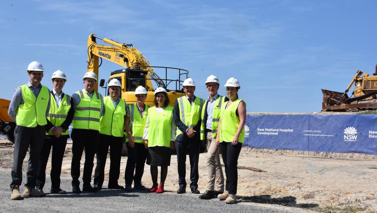 CONSTRUCTION: Scot MacDonald and mayor Loretta Baker with representatives from Multiplex Constructions, CBRE, Hunter New England Health and Health Infrastructure at the site on Wednesday. 