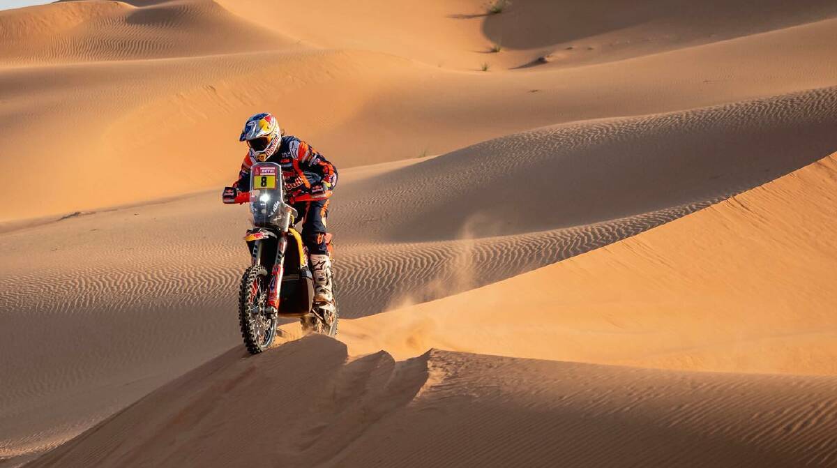 Toby Price had a minor crash on the dunes on Stage 13, but still leads the world's toughest endurance race going into the final day. Picture courtesy Dakar Rally.
