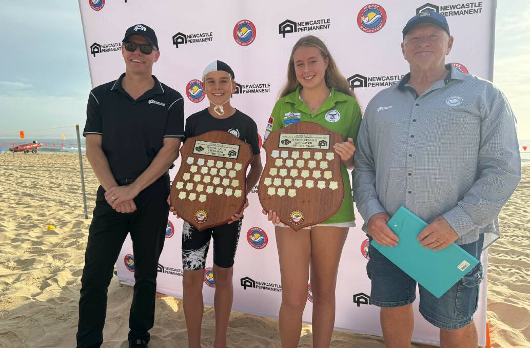 Hunter SLS President Henry Scruton with the Newcastle Permanent's Greg Hooper and Junior Life Saver of the Year award winners Max Mietzel from Newcastle SLSC and Abbey Keighran from Tea Gardens Hawks Nest SLSC. 