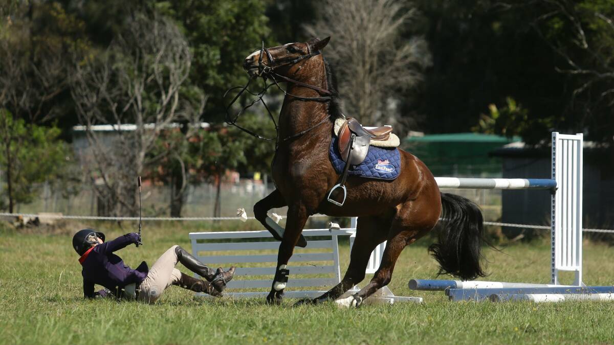 TOUGH: Australian Olympic rider Vicky Roycroft and her horse Converse were both fine after this mishap on Saturday. Picture: Jonathan Carroll