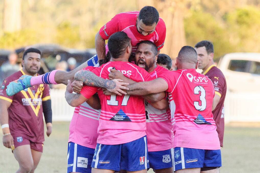 Paterson players celebrate a try during their 18-8 against Waratah Mayfield at Paterson Sportsground on Saturday, May 28. Picture by Daniel Johnson