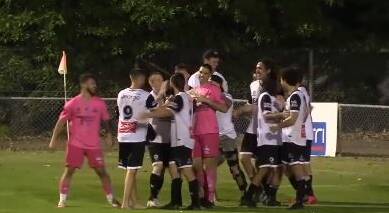 The Matiland Magpies celebrate after Matt Trott converts for 5-3 penalty shootout win against Charlestown Azzurri. Picture: Still from BarTV coverage.