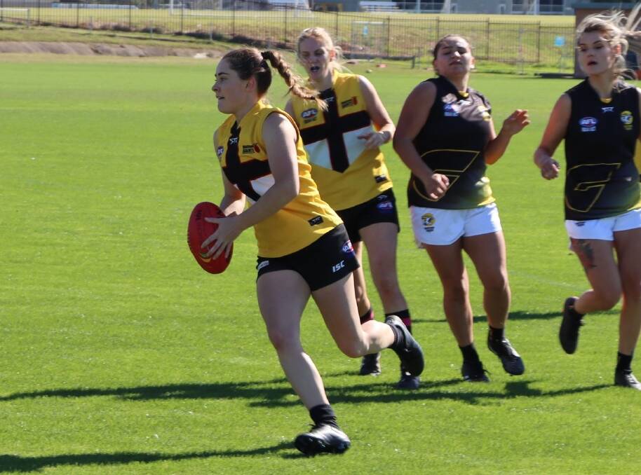 Skyla Dunn kicked three goals in Maitland's 68-point win against Gosford at Max McMahon Oval on Saturday, May 20. Picture by Stephen Marchant.