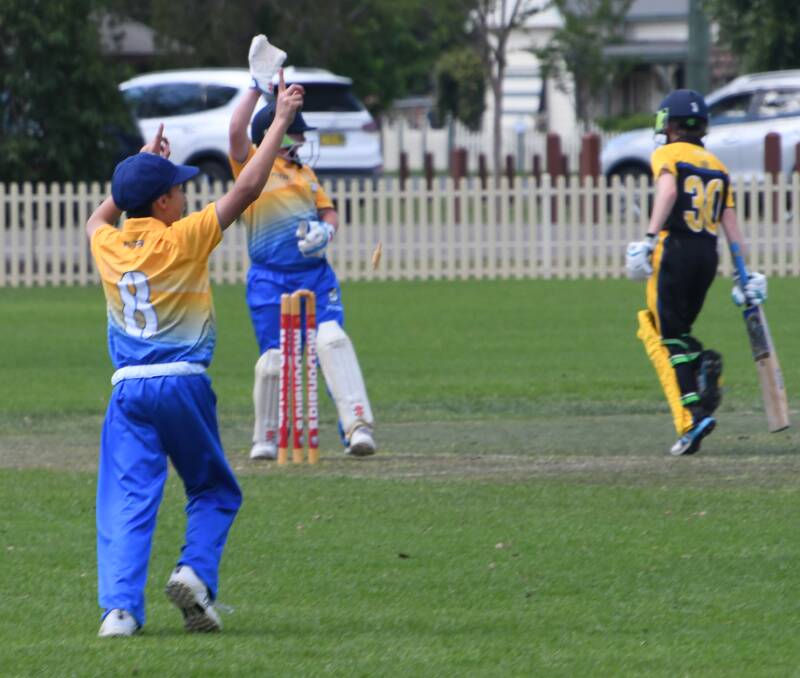 HOWZAT: Hunter skipper Hayden Lucas celebrates after running out a Northern Inland opponent with a direct hit at Robins Oval yesterday. Picture: Michael Hartshorn