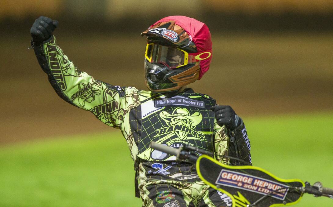Jye Etheridge acknowledges fans at Berwick Bandits in the British Speedway League