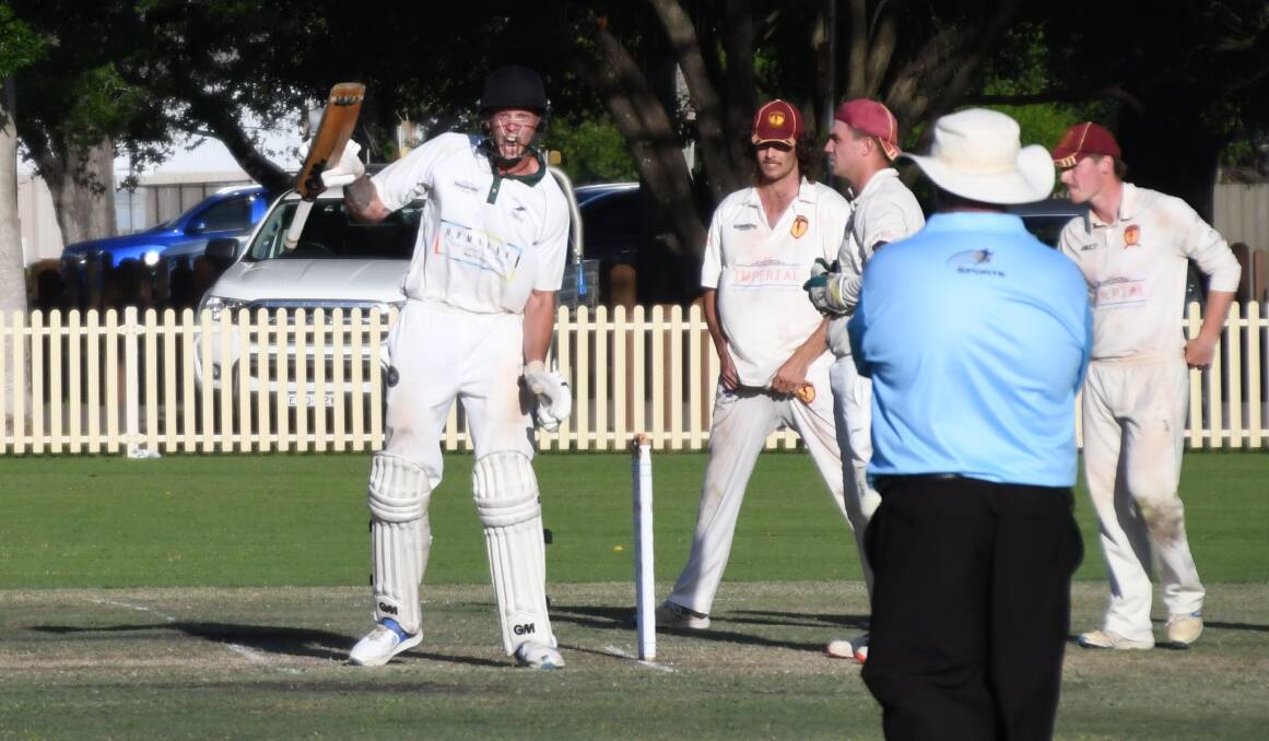 Western Suburbs batter Harry King roars with delight after seeing off the final ball and claiming victory in a memorable semi-final against City United at Robins Oval on Sunday, March 10. Picture by Michael Hartshorn