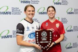Maitland's Tahlia Gossner and Broadmeadow's Mercedes McNabb at the launch of the inaugural NNSWF Charity Shield. Picture by Jonathan Carroll