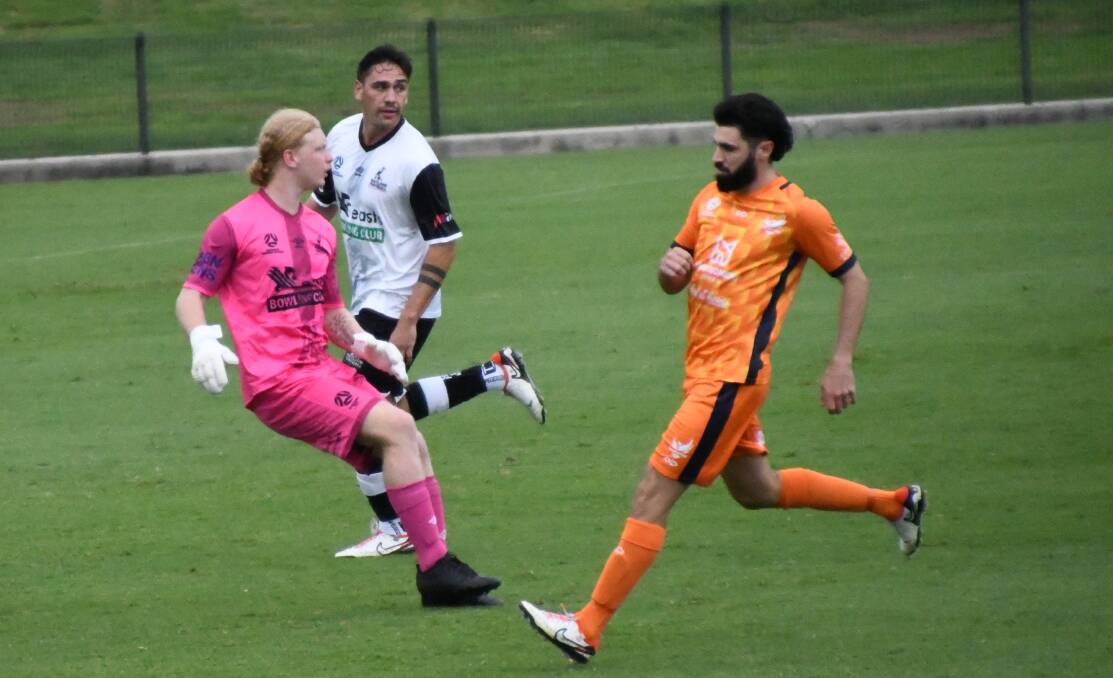 Maitland goalkeeper Taytor Pate had a strong game for the Magpies stopping several red-hot Valentine chances. Picture by Michael Hartshorn