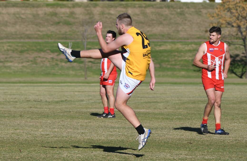 MILESTONE: Hughie Matheson kicked two goals in his 150th game for the the Maitland Saints. Picture: Grant Power