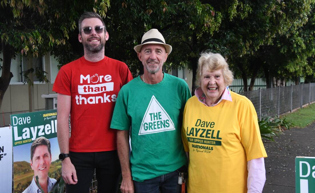Election day volunteers Rory Davis (NSW Teachers Federation), Danny Shaunessy (Greens) and Marilyn Philip (The Nationals) at the Nilo Infant School in Lorn. The school is a joint polling booth for Maitland and Upper Hunter seats. Picture by Michael Hartshorn