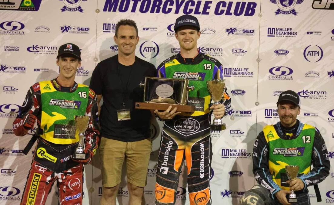 
Round four winner Brady Kurtz (centre) with second-place Max Fricke (left) and Rohan Tungate (right) third. Picture supplied.